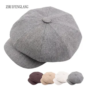 Classic grey cotton linen newsboy cap with octagonal panel design and short brim