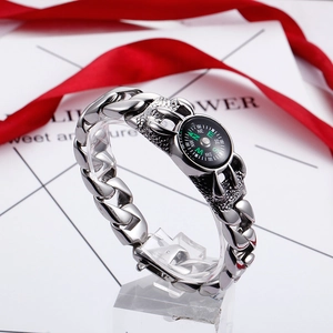 Men's retro stainless steel Cuban chain bracelet featuring a functional compass charm
