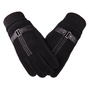 Men's winter pigskin leather gloves in black with knit cuffs and strap detail