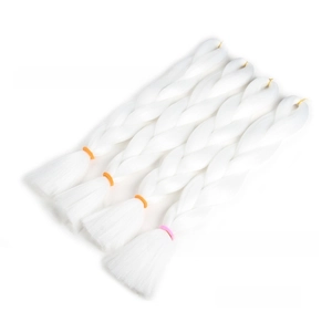Detail view of four packs of jumbo braid hair extensions in pure white color 60