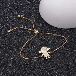 Adjustable gold plated bracelet with micro-paved zircon girl pendant on black background