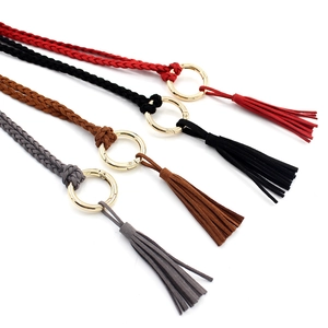 Handmade woven waist chain belts for women with tassels in red, black, brown, and grey