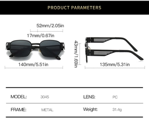 Detailed size parameters and structure of punk metal sunglasses with measurements