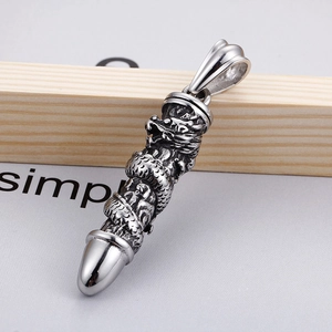 Men's titanium steel dragon cylinder necklace with bullet shape pendant in silver finish
