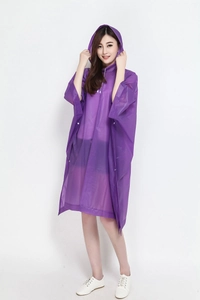 Detail view of purple semi-transparent EVA hooded rain poncho with adjustable drawstrings