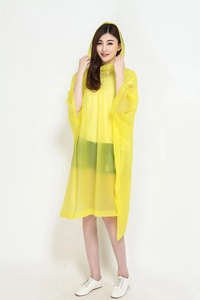 Front view of a translucent yellow hooded cycling poncho with adjustable drawstrings