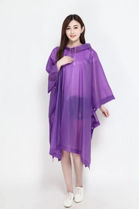 Detail view of purple semi-transparent hooded rain poncho with snap button closure