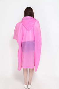 Rear view of pink translucent hooded raincoat cape made of waterproof EVA material