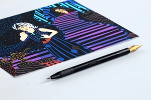 Dual-tip metallic scratch art pen with YUEJU logo shown at a 45-degree angle on gray background