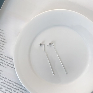 Detailed view of minimalist S925 sterling silver long chain tassel earrings on a white plate