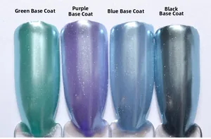 Détail de la poudre chrome ongle montrant l'effet miroir sur bases verte violette bleue noire