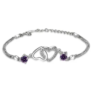 Sweet Copper Double Heart Bracelet For Women Elegant Silver Plated Interlocking Heart Purple Rhinestone Chain Bracelet Jewelry Gift