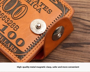 Detail shot of the secure silver magnetic clasp on a brown vintage dollar print wallet