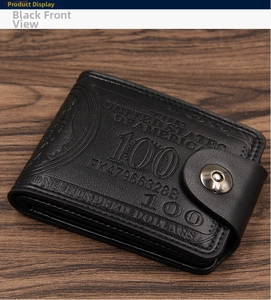 Detailed view of black vintage men's short wallet with 100 dollar bill embossed design