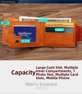 Internal view showing multiple card slots and main money compartment of brown wallet