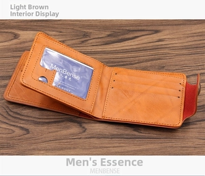 Detailed interior view of men's bifold wallet with card slots and transparent ID window