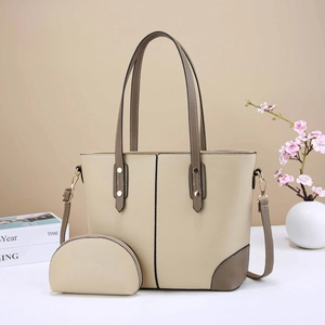 Beige litchi grain tote bag and coin purse set with dark brown handles and shoulder strap