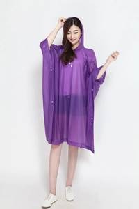 Detail of purple EVA hooded poncho with snap buttons and high-quality waterproof finish