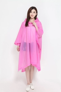 Pink translucent hooded cycling poncho for adults with drawstring in full-length detail