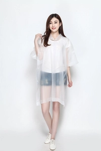 Detail of waterproof frosted white EVA poncho with adjustable hood and snap buttons