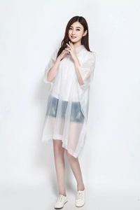 Detail of white translucent hooded poncho with snap buttons and high-quality EVA material