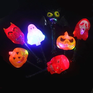 Light-up Halloween wands featuring pumpkin, ghost, and bat shapes for party props