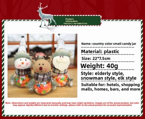 Detail of Christmas candy jar set showing Santa, snowman, and reindeer fabric decorations