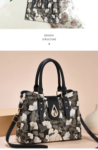 Dettaglio del ricamo floreale e della chiusura a scatto dorata su una borsa nera elegante