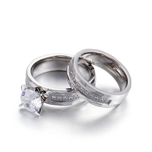 Titanium steel wedding ring set with micro-pave cubic zirconia in silver finish