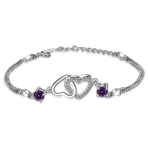 Elegant S925 silver bracelet with interlocking hearts and purple zircon stones