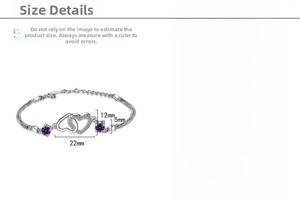 Detailed size chart for silver heart bracelet with purple zircon and chain specifications