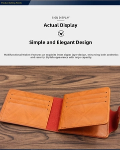 Detail of vintage brown leather men's bifold wallet with card slots and red interior