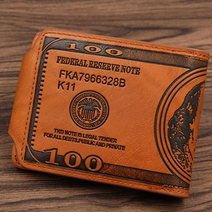 Retro brown leather men's wallet with $100 bill embossment on dark wood background