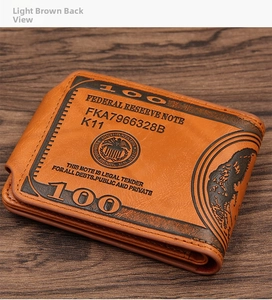 Detail of light brown leather wallet with vintage US dollar bill print on wooden surface