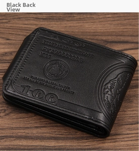 Close-up of the back of a black leather wallet with vintage 100 dollar bill embossing