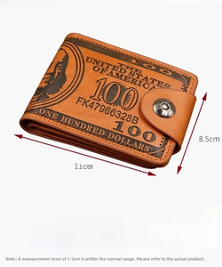 Detail view of brown PU leather men's wallet with vintage dollar print and magnetic buckle
