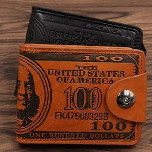 Men Bifold Wallet PU Leather Retro 100 US Dollar Bill Print Short Money Clip With Metal Snap Button For Casual Daily Use