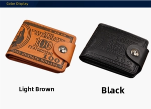 Detail of vintage 100 dollar pattern men's wallets in black and light brown PU leather
