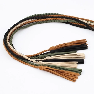 Braided suede tassel waist ropes in black, brown, beige, and green for Hanfu dresses