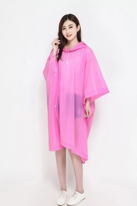 Detailed view of pink translucent hooded raincoat with white side snap buttons