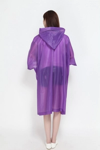 Rear view of purple translucent hooded cycling raincoat made of waterproof EVA material