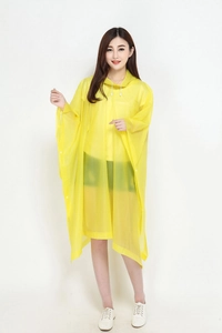 Front view of a yellow translucent hooded rain poncho with adjustable white drawstrings