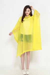 Detail view of yellow translucent hooded cycling rain poncho for outdoor travel use