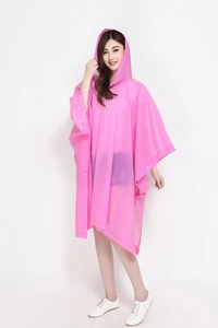 Pink translucent hooded rain poncho with cape cut and side snap buttons detail