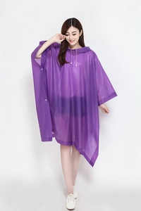 Detail view of purple translucent EVA hooded rain poncho with adjustable white drawstrings