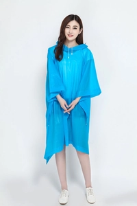 Blue semi-transparent waterproof poncho for adults with hood and adjustable drawstring