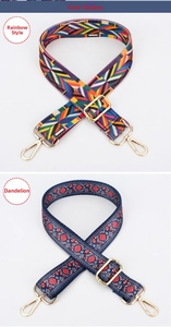 Adjustable woven purse straps with geometric and floral patterns and gold metal buckles