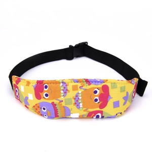 Detail of baby stroller safety sleep strap with colorful cartoon print and plastic buckle