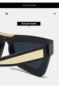 Macro shot of texture frame details on modern black cat-eye sunglasses for women