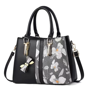 Elegant large capacity handbag with black and floral grey contrast design for women